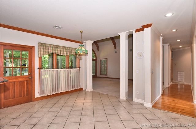 13706 S 18th St, Bixby, OK 74008 - unfurnished dining area with ornamental molding, decorative columns, light tile patterned flooring, and recessed lighting