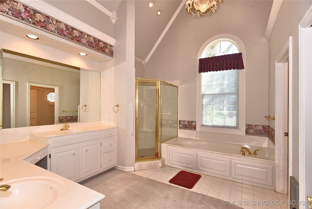 13706 S 18th St, Bixby, OK 74008 - full bath with a bath, vanity, a shower stall, tile patterned flooring, and high vaulted ceiling