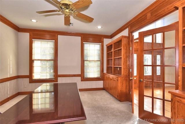 13706 S 18th St, Bixby, OK 74008 - unfurnished dining area featuring crown molding, a wainscoted wall, a ceiling fan, french doors, and recessed lighting