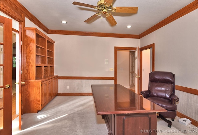 13706 S 18th St, Bixby, OK 74008 - home office with a wainscoted wall, crown molding, ceiling fan, light carpet, and recessed lighting