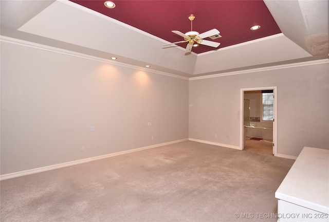 13706 S 18th St, Bixby, OK 74008 - unfurnished room with carpet flooring, a raised ceiling, a ceiling fan, crown molding, and recessed lighting