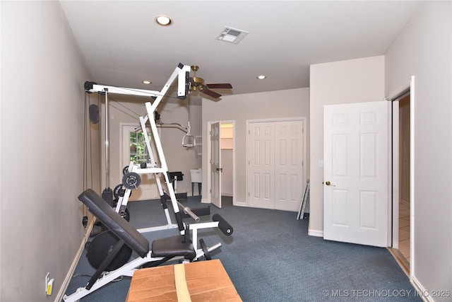 13706 S 18th St, Bixby, OK 74008 - workout area with ceiling fan, recessed lighting, and dark carpet