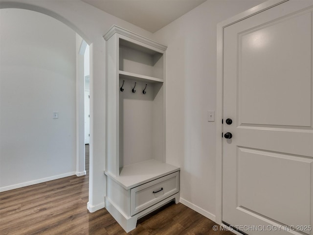 7202 E 132nd St S, Bixby, OK 74008 - mudroom featuring arched walkways and dark wood finished floors