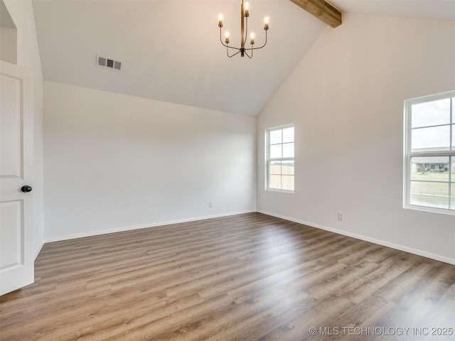 7202 E 132nd St S, Bixby, OK 74008 - spare room featuring a chandelier, beam ceiling, high vaulted ceiling, and wood finished floors