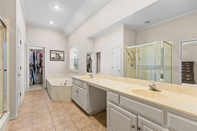 9810 E 96th Pl, Tulsa, OK 74133 - full bathroom featuring ornamental molding, a spacious closet, a shower stall, double vanity, and a garden tub