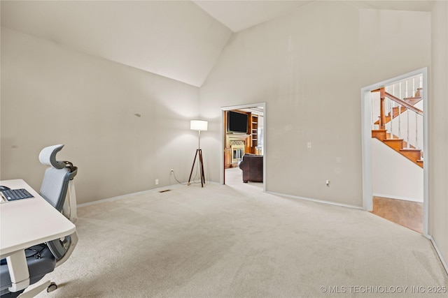 9810 E 96th Pl, Tulsa, OK 74133 - unfurnished office featuring carpet and high vaulted ceiling