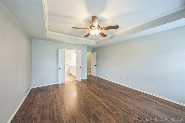 12003 S Tamarack St W, Jenks, OK 74037 - unfurnished bedroom with a raised ceiling, wood finished floors, crown molding, connected bathroom, and ceiling fan