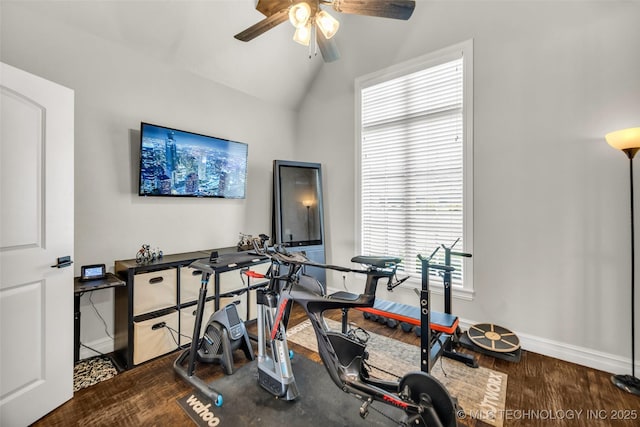 6108 E 95th St, Sperry, OK 74073 - workout area featuring a ceiling fan, wood finished floors, and vaulted ceiling