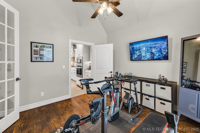 6108 E 95th St, Sperry, OK 74073 - workout room featuring a ceiling fan, high vaulted ceiling, and wood finished floors