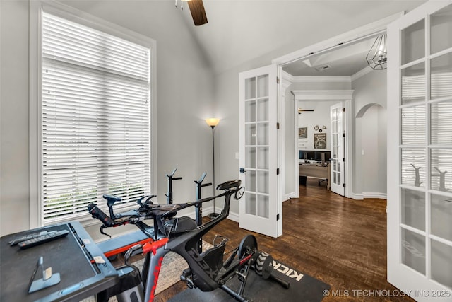 6108 E 95th St, Sperry, OK 74073 - workout room with french doors, arched walkways, ornamental molding, wood finished floors, and ceiling fan