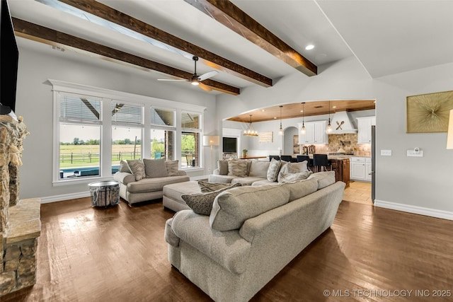 6108 E 95th St, Sperry, OK 74073 - living room featuring beam ceiling, a ceiling fan, dark wood-style floors, and recessed lighting