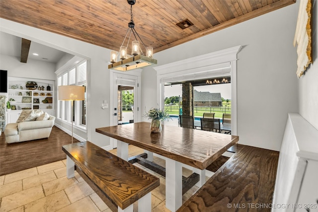 6108 E 95th St, Sperry, OK 74073 - dining space featuring a chandelier, wooden ceiling, and recessed lighting