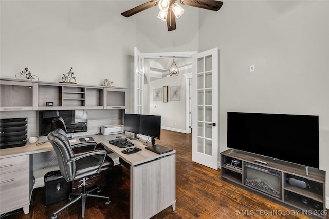 6108 E 95th St, Sperry, OK 74073 - office area with a ceiling fan, dark wood-style flooring, and high vaulted ceiling