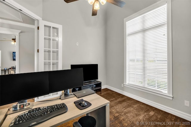 6108 E 95th St, Sperry, OK 74073 - office area with ceiling fan and dark wood-style floors