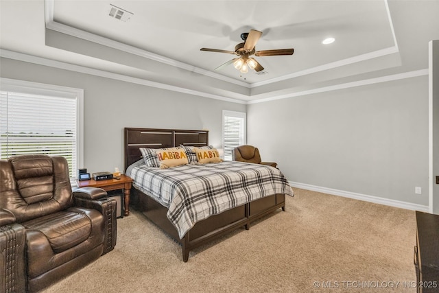 6108 E 95th St, Sperry, OK 74073 - bedroom featuring a tray ceiling, light colored carpet, ornamental molding, a ceiling fan, and recessed lighting