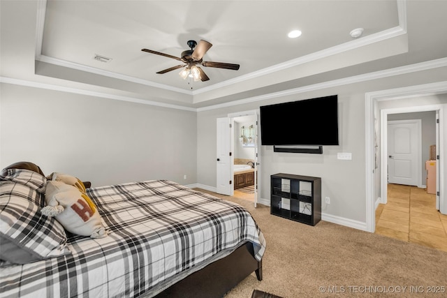 6108 E 95th St, Sperry, OK 74073 - bedroom featuring a raised ceiling, light colored carpet, crown molding, ceiling fan, and connected bathroom