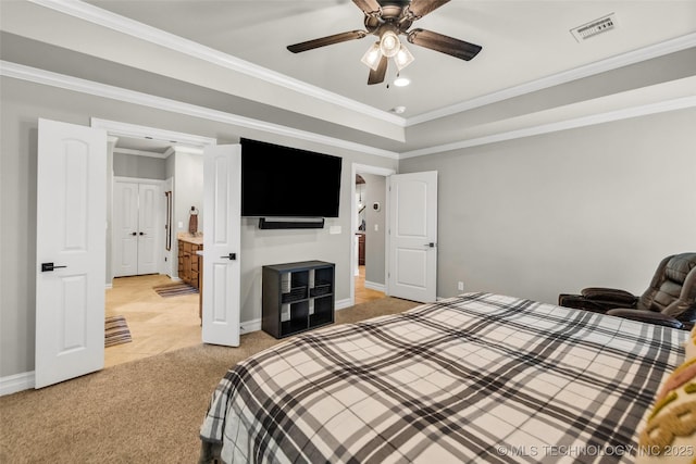 6108 E 95th St, Sperry, OK 74073 - bedroom with light colored carpet, crown molding, and ceiling fan