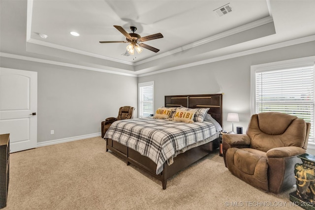 6108 E 95th St, Sperry, OK 74073 - bedroom with a tray ceiling, multiple windows, ornamental molding, light colored carpet, and ceiling fan