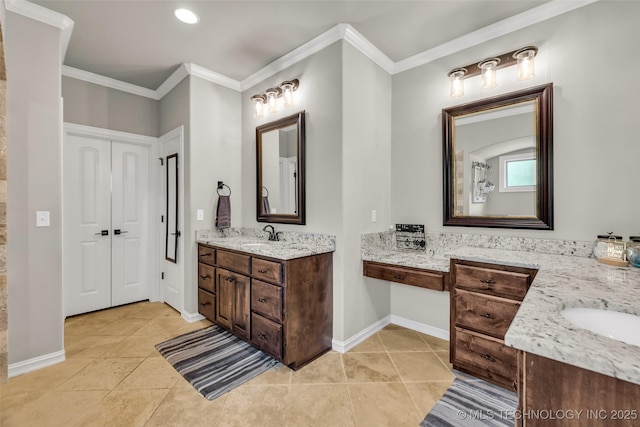 6108 E 95th St, Sperry, OK 74073 - bathroom with two vanities, tile patterned floors, and crown molding