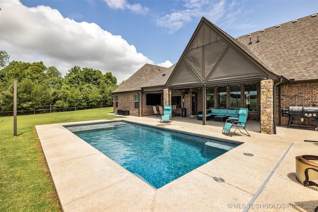 6108 E 95th St, Sperry, OK 74073 - outdoor pool featuring an outdoor living space, a patio area, a lawn, and a grill