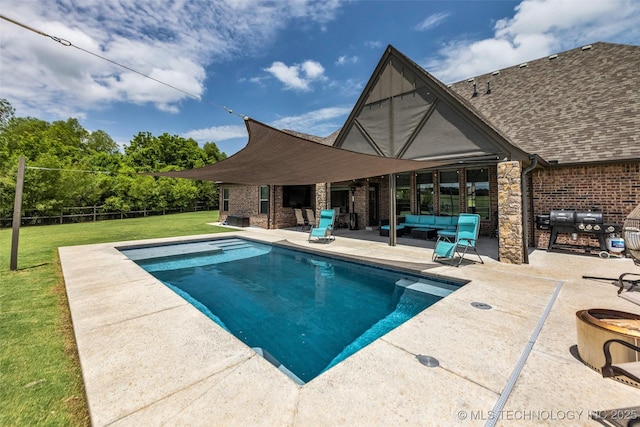 6108 E 95th St, Sperry, OK 74073 - view of pool featuring an outdoor living space, a patio, and a lawn
