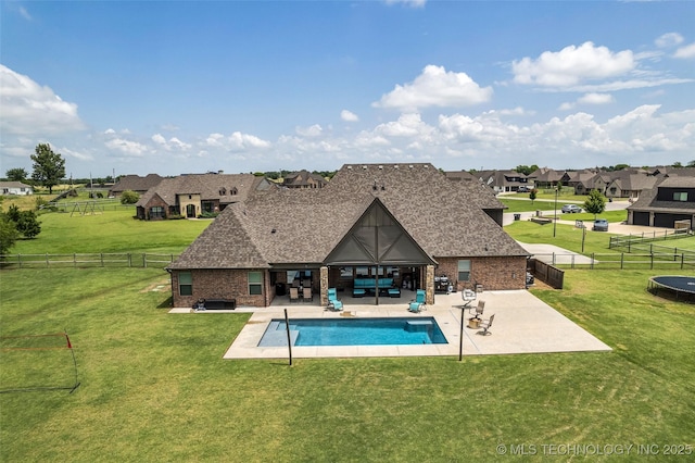 6108 E 95th St, Sperry, OK 74073 - view of swimming pool featuring a patio, a fenced backyard, an outdoor living space, and a residential view