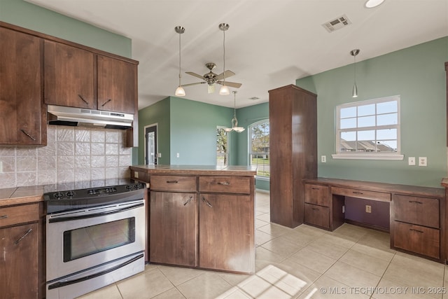 108 W 135th St, Skiatook, OK 74070 - kitchen with under cabinet range hood, stainless steel electric range oven, tasteful backsplash, ceiling fan, and an office area