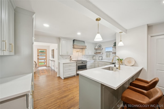 3919 S Detroit Ave, Tulsa, OK 74105 - kitchen with stainless steel range, premium range hood, a peninsula, light wood-style floors, and backsplash