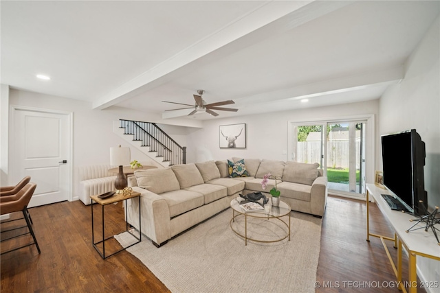 3919 S Detroit Ave, Tulsa, OK 74105 - living area featuring beam ceiling, radiator, wood finished floors, stairs, and recessed lighting