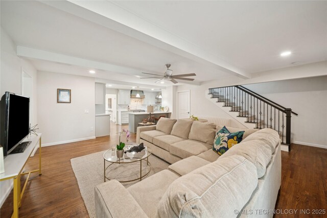 3919 S Detroit Ave, Tulsa, OK 74105 - living room featuring stairway, recessed lighting, wood finished floors, and a ceiling fan