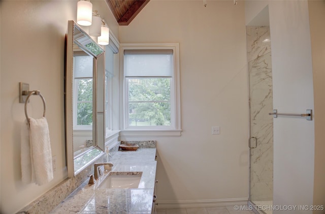 4401 S Yellow Pine Ave, Broken Arrow, OK 74011 - full bath featuring vanity, a marble finish shower, and vaulted ceiling