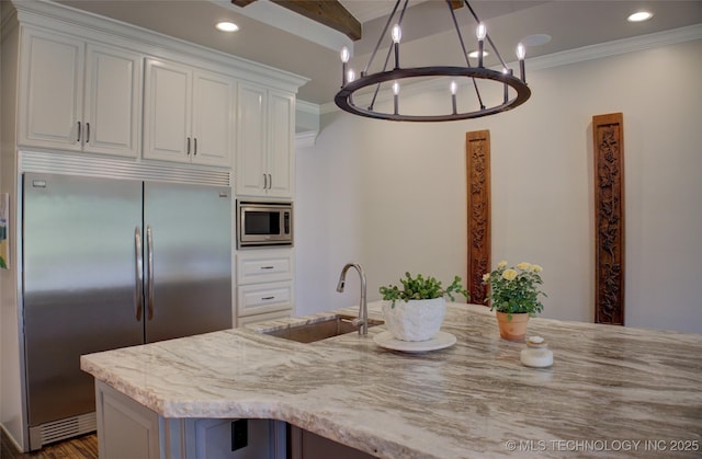 4401 S Yellow Pine Ave, Broken Arrow, OK 74011 - kitchen featuring built in appliances, light stone countertops, a chandelier, white cabinetry, and recessed lighting