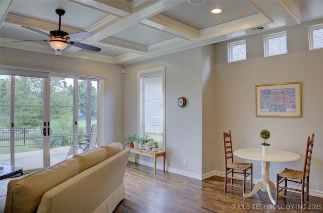 4401 S Yellow Pine Ave, Broken Arrow, OK 74011 - living room featuring beam ceiling, plenty of natural light, dark wood finished floors, a ceiling fan, and coffered ceiling