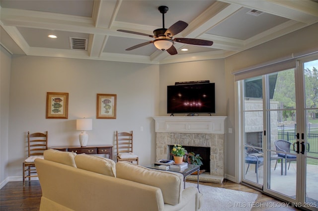 4401 S Yellow Pine Ave, Broken Arrow, OK 74011 - living room with coffered ceiling, ceiling fan, dark wood-type flooring, beamed ceiling, and a fireplace