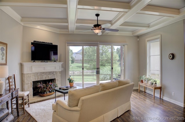 4401 S Yellow Pine Ave, Broken Arrow, OK 74011 - living room featuring ceiling fan, beam ceiling, dark wood-style flooring, a fireplace, and coffered ceiling
