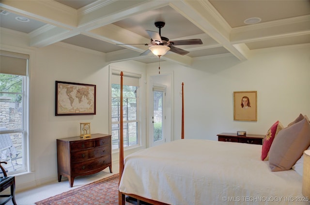 4401 S Yellow Pine Ave, Broken Arrow, OK 74011 - bedroom with coffered ceiling, beamed ceiling, carpet flooring, ornamental molding, and a ceiling fan