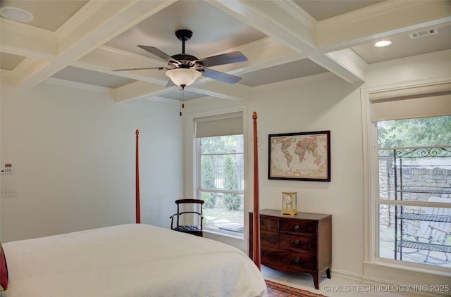 4401 S Yellow Pine Ave, Broken Arrow, OK 74011 - bedroom with coffered ceiling, beam ceiling, ornamental molding, and a ceiling fan