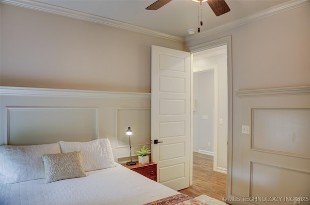 4401 S Yellow Pine Ave, Broken Arrow, OK 74011 - bedroom with light wood-style flooring, ornamental molding, and ceiling fan