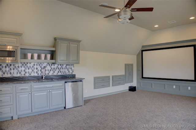4401 S Yellow Pine Ave, Broken Arrow, OK 74011 - home theater room featuring lofted ceiling, a ceiling fan, light colored carpet, and recessed lighting