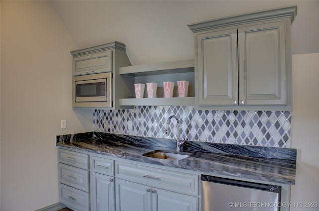 4401 S Yellow Pine Ave, Broken Arrow, OK 74011 - kitchen with appliances with stainless steel finishes, tasteful backsplash, open shelves, gray cabinets, and dark stone countertops