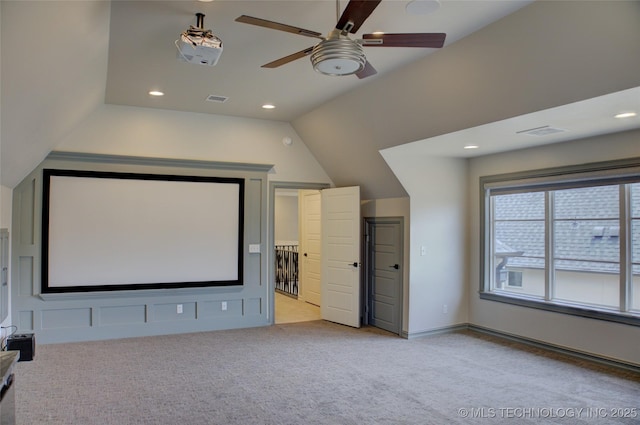 4401 S Yellow Pine Ave, Broken Arrow, OK 74011 - cinema room featuring ceiling fan, lofted ceiling, light carpet, and recessed lighting