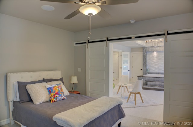 4401 S Yellow Pine Ave, Broken Arrow, OK 74011 - carpeted bedroom featuring a barn door and ceiling fan
