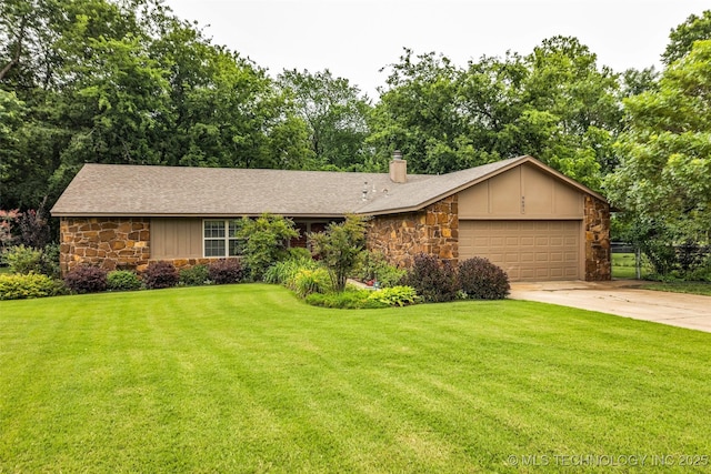9601 Spring Lake Dr, Broken Arrow, OK 74014 - view of front of house with stone siding, a garage, board and batten siding, a front yard, and concrete driveway