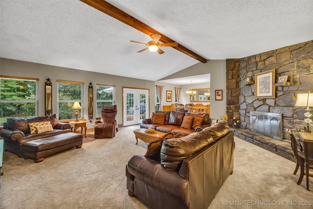 9601 Spring Lake Dr, Broken Arrow, OK 74014 - living room with carpet flooring, a textured ceiling, a chandelier, a ceiling fan, and a stone fireplace