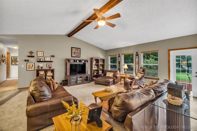 9601 Spring Lake Dr, Broken Arrow, OK 74014 - carpeted living area with ceiling fan and a textured ceiling