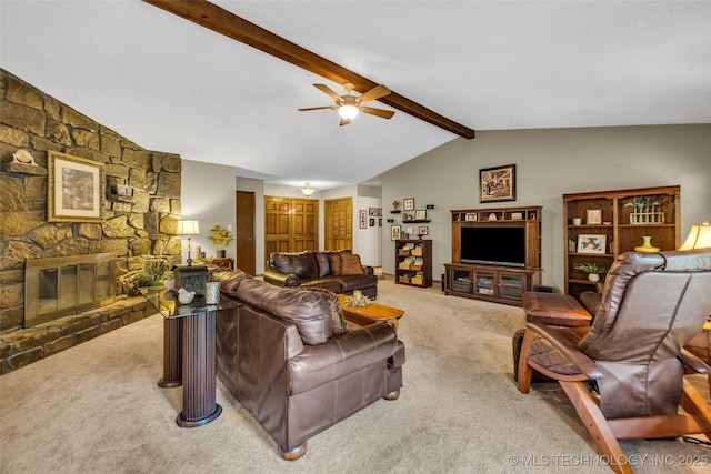 9601 Spring Lake Dr, Broken Arrow, OK 74014 - living area featuring carpet flooring, a ceiling fan, and a fireplace