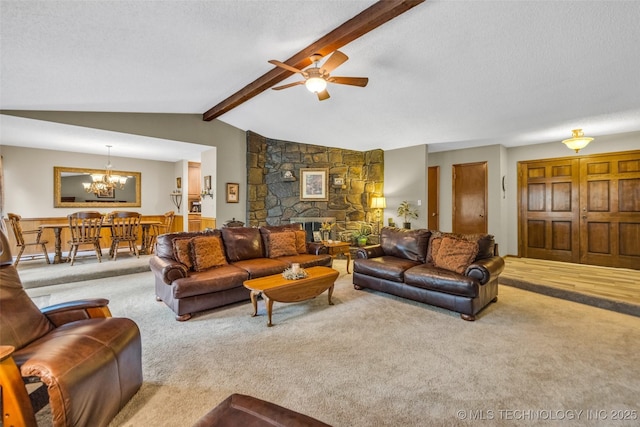 9601 Spring Lake Dr, Broken Arrow, OK 74014 - carpeted living area with a chandelier, a ceiling fan, and a textured ceiling