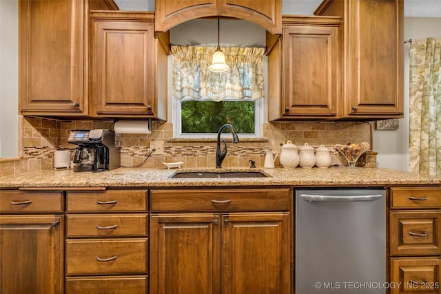 9601 Spring Lake Dr, Broken Arrow, OK 74014 - kitchen with stainless steel dishwasher, tasteful backsplash, and brown cabinetry