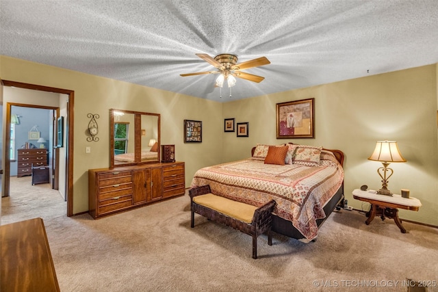 9601 Spring Lake Dr, Broken Arrow, OK 74014 - bedroom with light carpet, a textured ceiling, and a ceiling fan