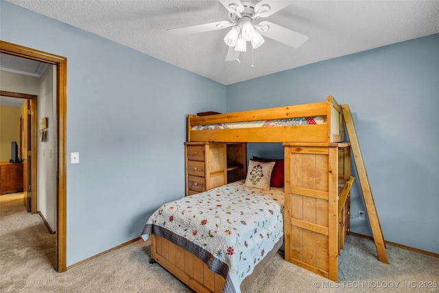 9601 Spring Lake Dr, Broken Arrow, OK 74014 - bedroom with light colored carpet, ceiling fan, and a textured ceiling